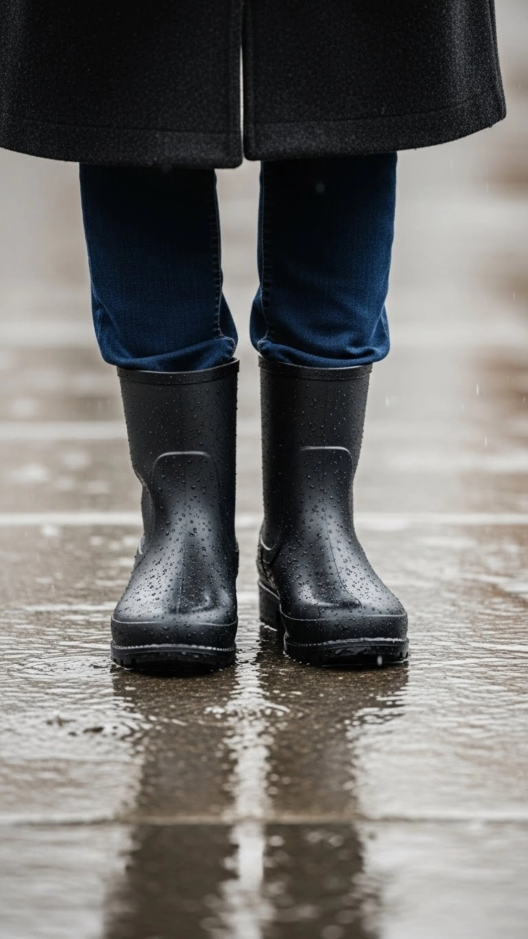 A person wearing waterproof boots as part of a rainy day outfit while standing on a wet sidewalk.