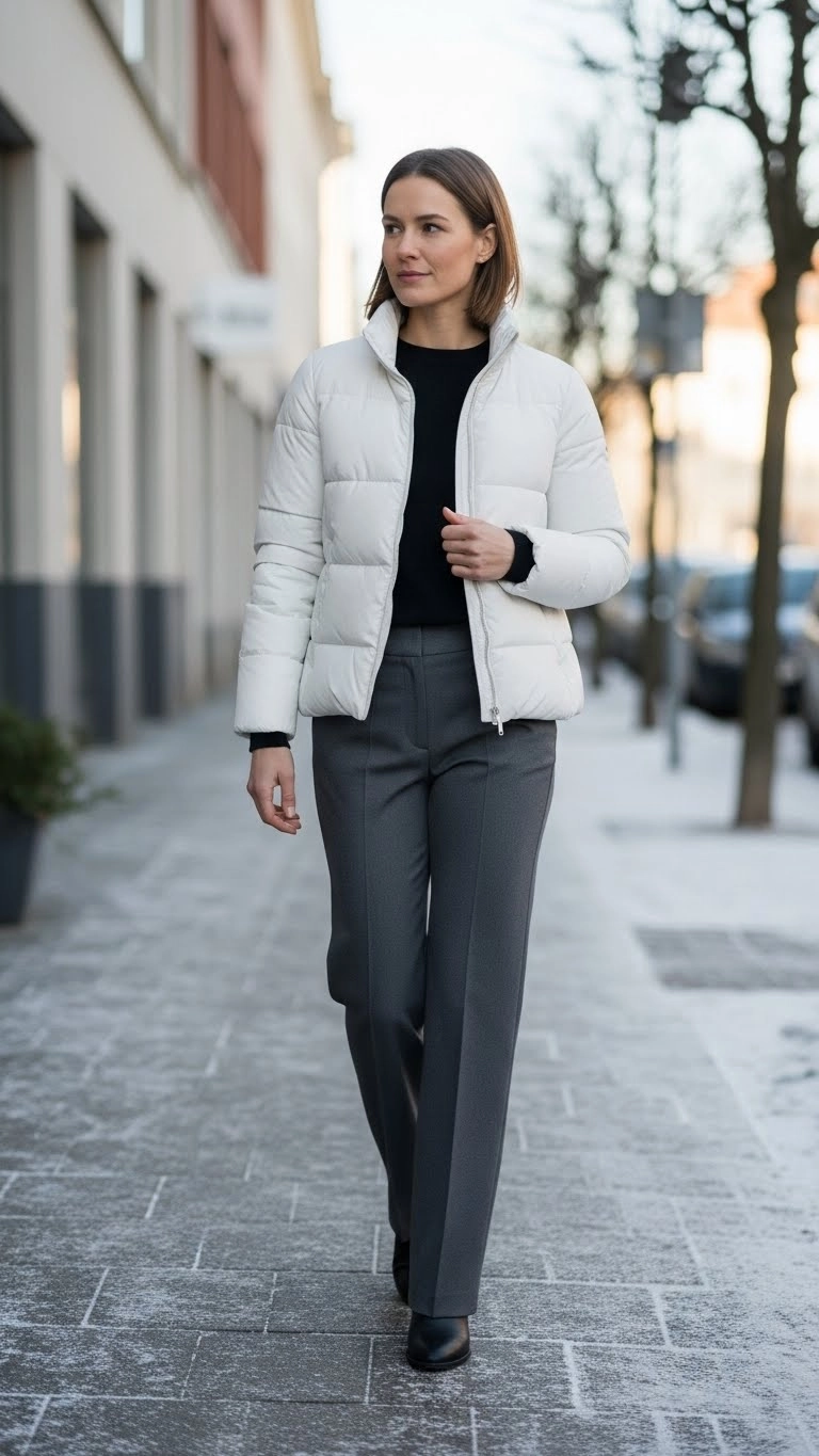 Woman wearing a white puffer jacket outfit with straight pants in a clean winter street setting.