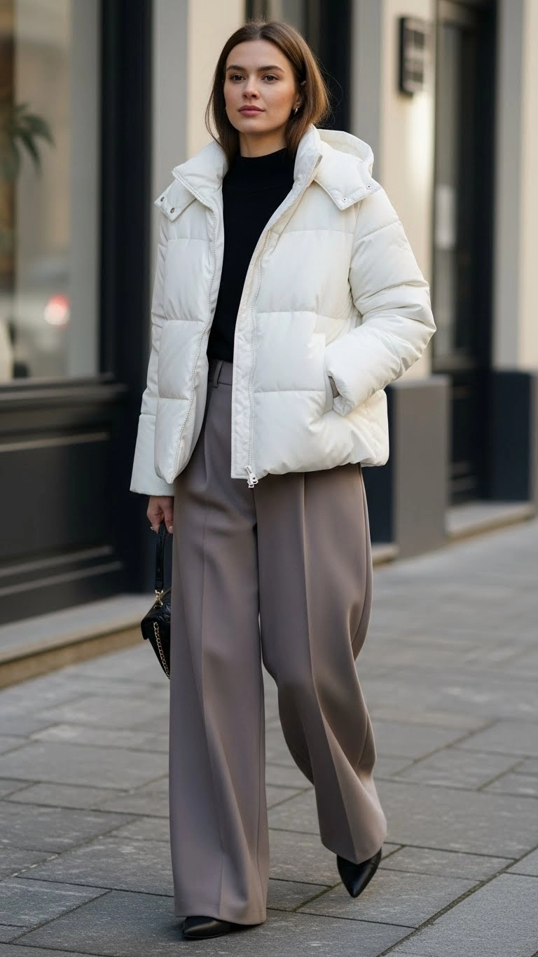 Woman wearing a white puffer jacket outfit with wide-leg pants on a winter city street.