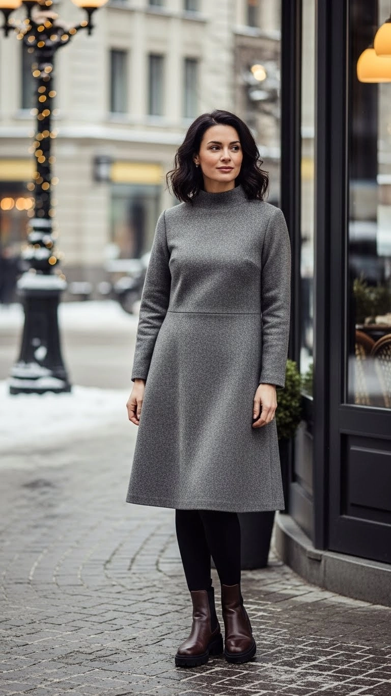 Woman styling a wool dress with tights as a warm winter outfit 2025 women love.