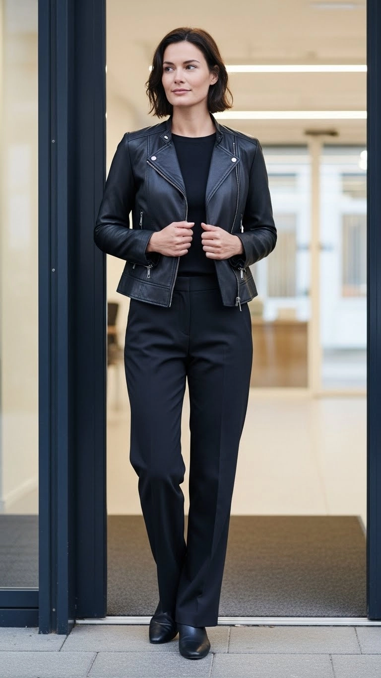 Woman wearing a leather jacket with straight trousers and a simple top, showing work-ready leather jacket outfit ideas.