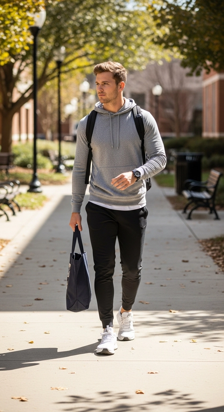 Male college student wearing athleisure college outfits with joggers, hoodie, and sneakers walking on campus.