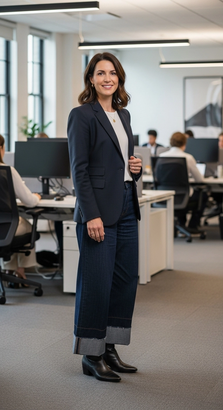 Blazer paired with a wide leg jeans outfit for a smart and polished look