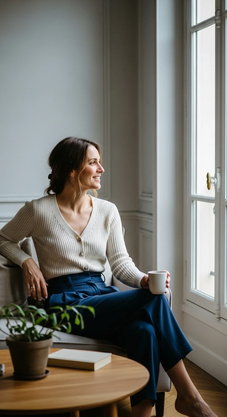 Parisian style outfit with a cardigan worn as a top for a soft everyday look