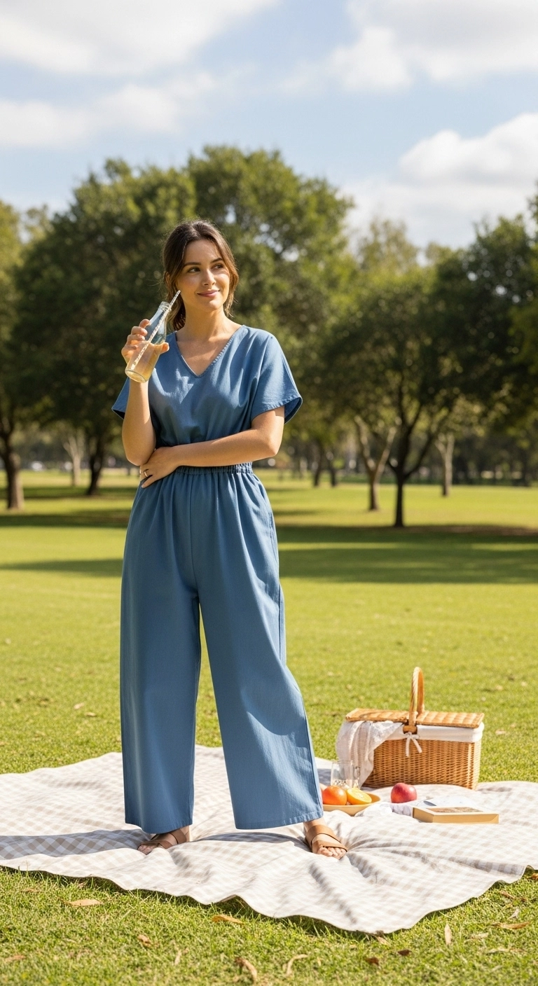 Casual cotton jumpsuit worn at a park picnic, showing easy and practical picnic outfit ideas.