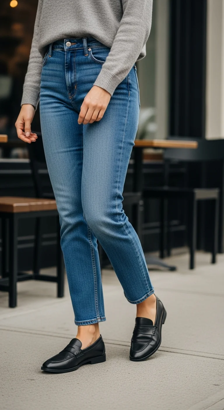 Casual loafers outfit with straight-leg jeans and a soft sweater worn outdoors