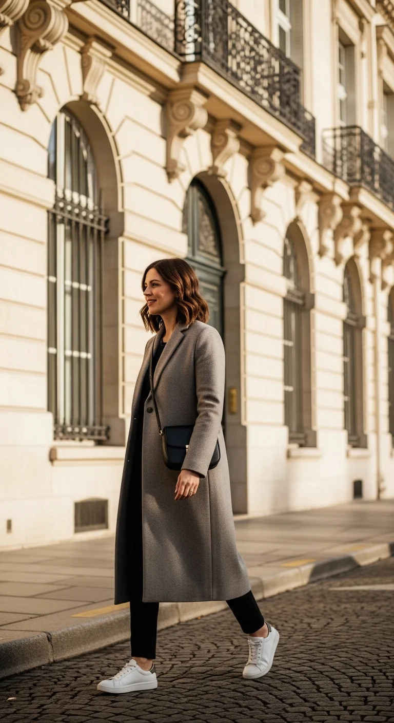 Parisian style outfit with a simple coat layered over everyday basics