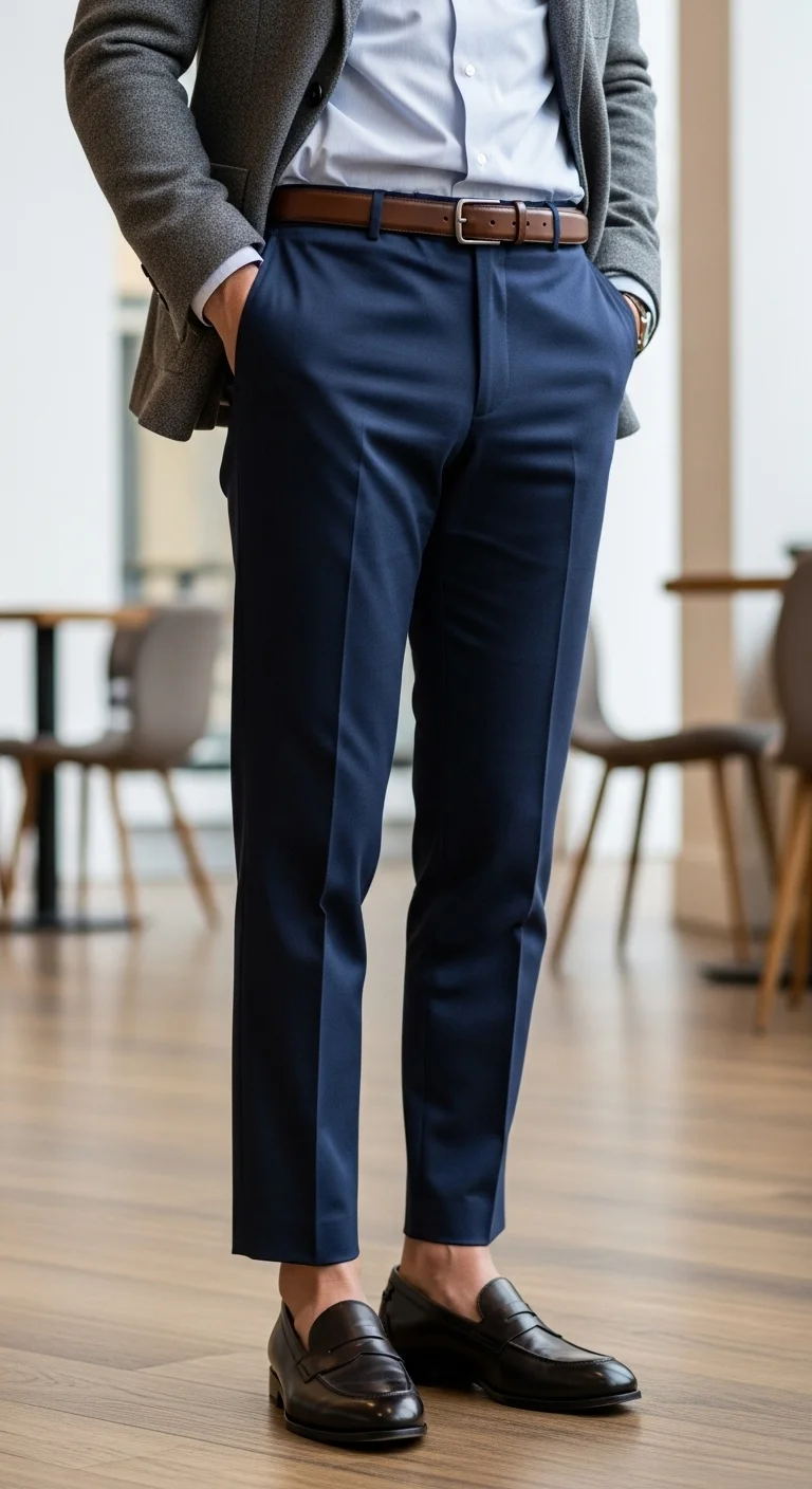 Classic loafers outfit with tailored pants and a button-down shirt worn in a professional casual setting