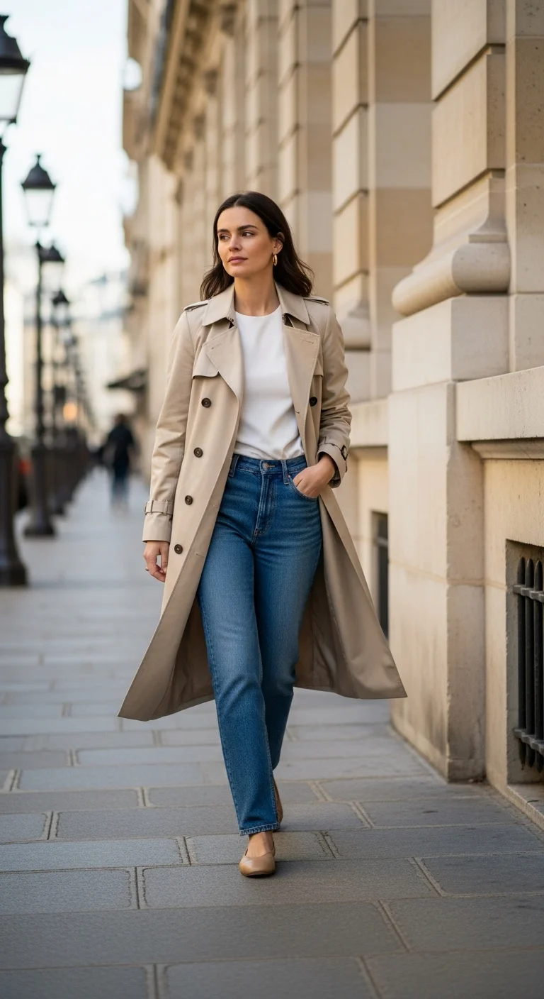 Parisian style outfit featuring a beige trench coat worn open with a simple top and straight jeans on a Paris street