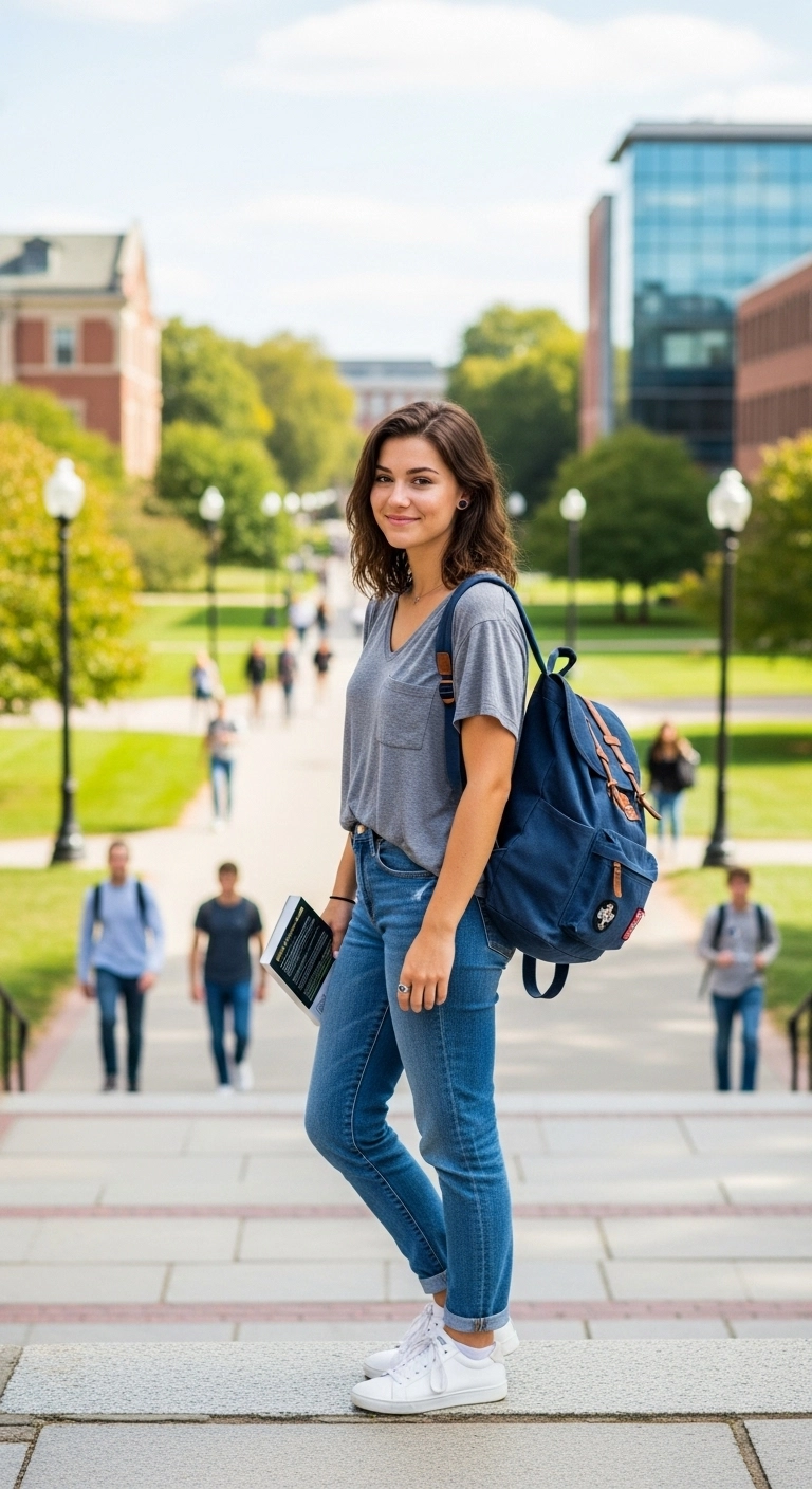 Female student in casual college outfits with jeans, t-shirt, and comfortable sneakers standing on campus.