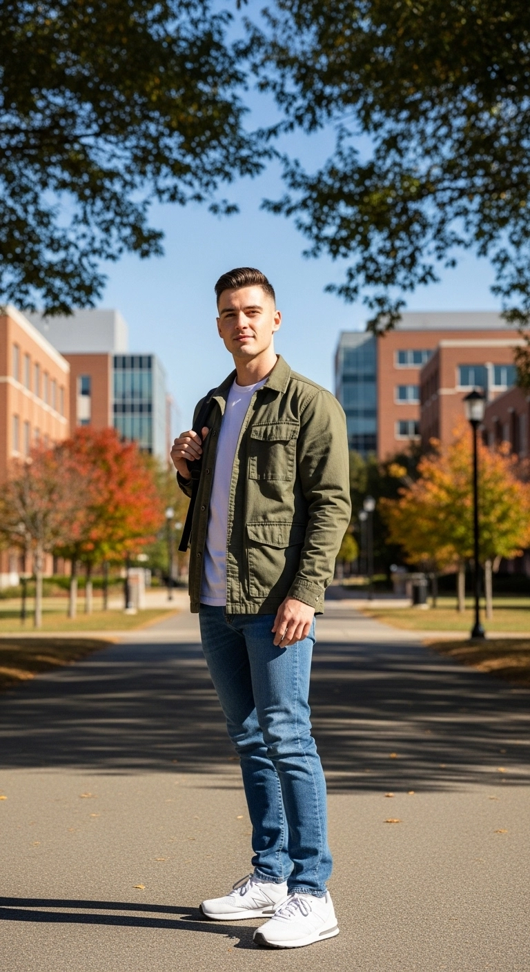 Male student in functional college outfits with jeans, t-shirt, and utility jacket standing on campus.