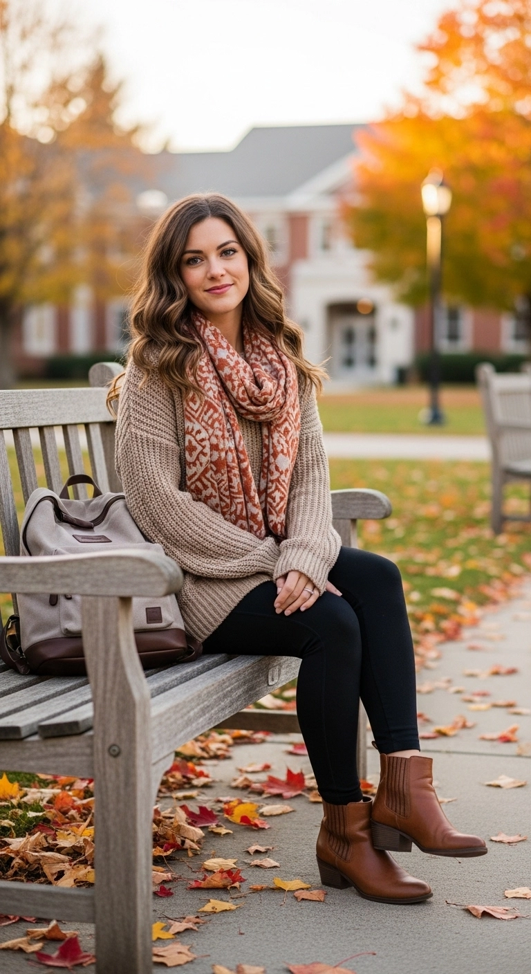 Female student in cozy college outfits with sweater, leggings, scarf, and boots sitting on campus bench.