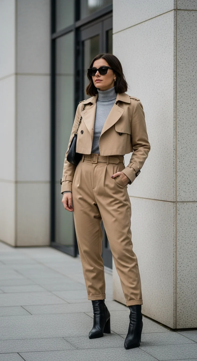 Modern trench coat outfit ideas with a cropped trench coat and high-waist pants