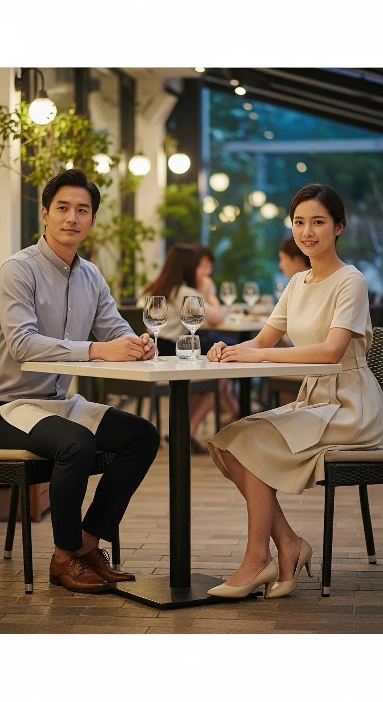 Date night going out outfits worn by a couple at a stylish restaurant