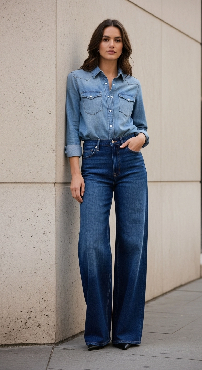 Denim shirt paired with a wide leg jeans outfit in a clean denim-on-denim style