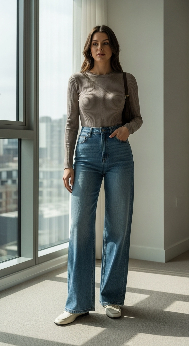 Fitted top paired with a wide leg jeans outfit for a balanced and modern everyday look