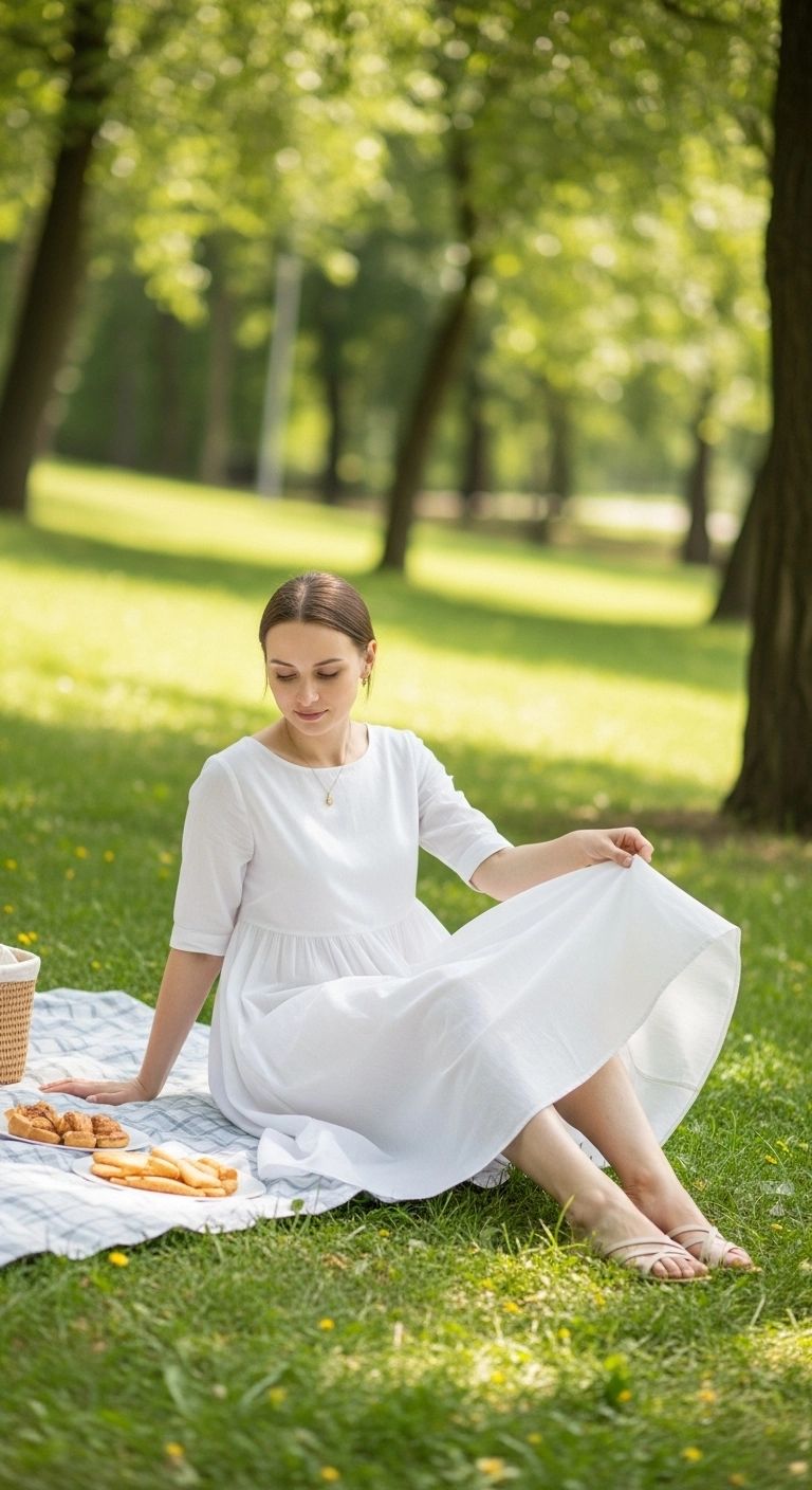 Flowing cotton dress with flat sandals worn at a park picnic, showing comfortable and stylish picnic outfit ideas for a relaxed outdoor day.