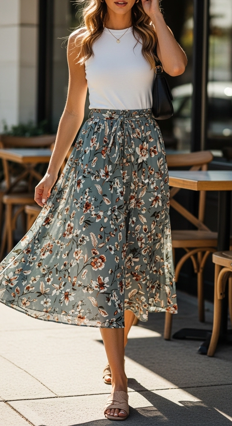 Flowy skirt and fitted top styled as elegant brunch outfits in a café setting.