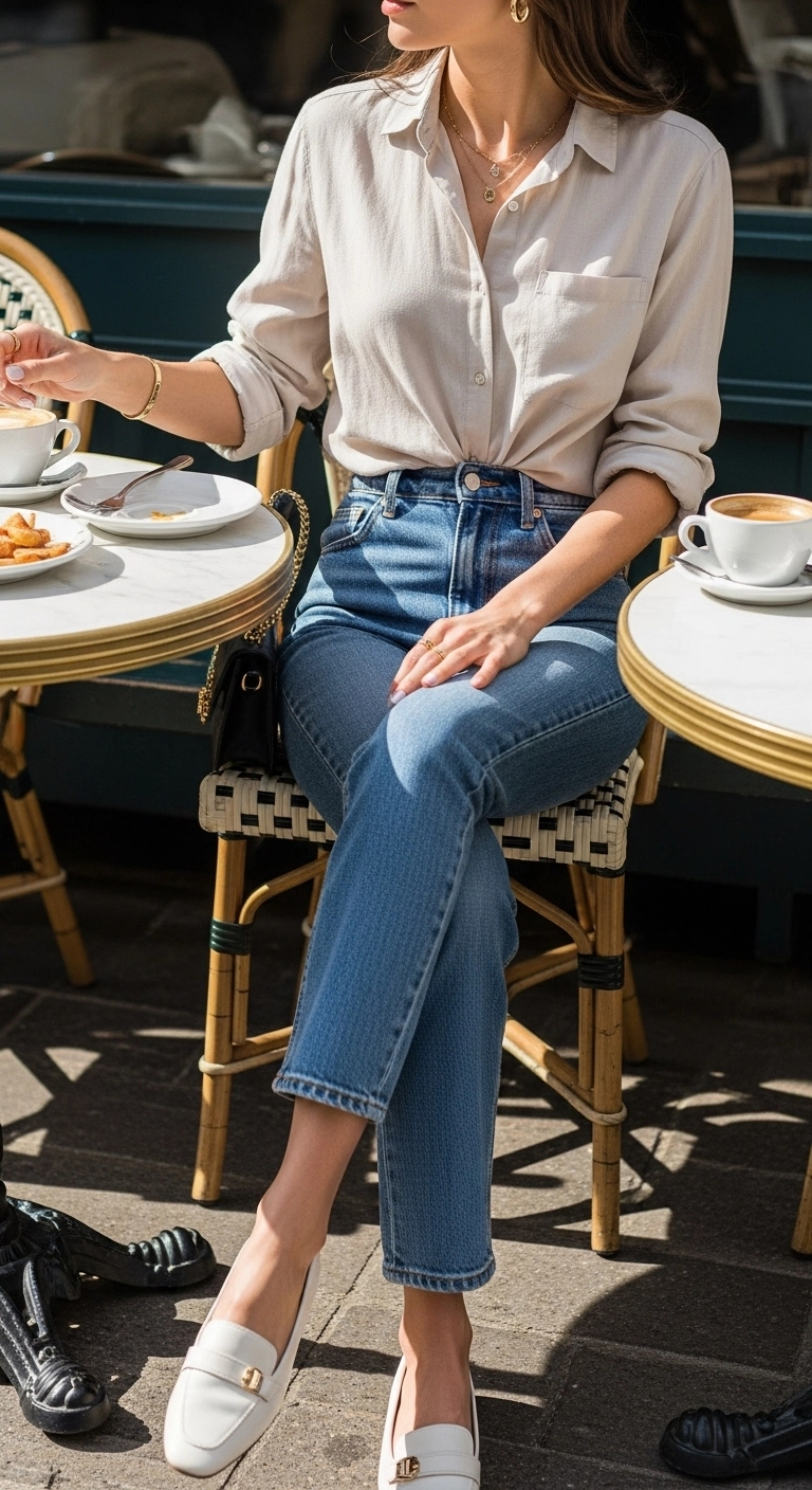 High-waisted jeans and soft button-up shirt styled as casual brunch outfits at a café.