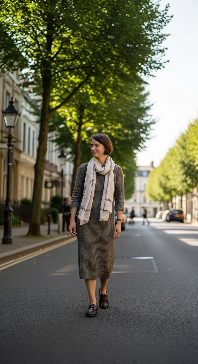 Loafers outfit with a knit dress and light scarf for casual wear