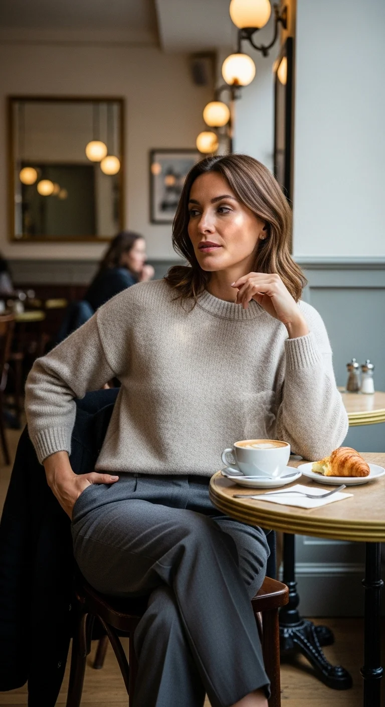 Parisian style outfit with a knit sweater and tailored pants worn casually in a café