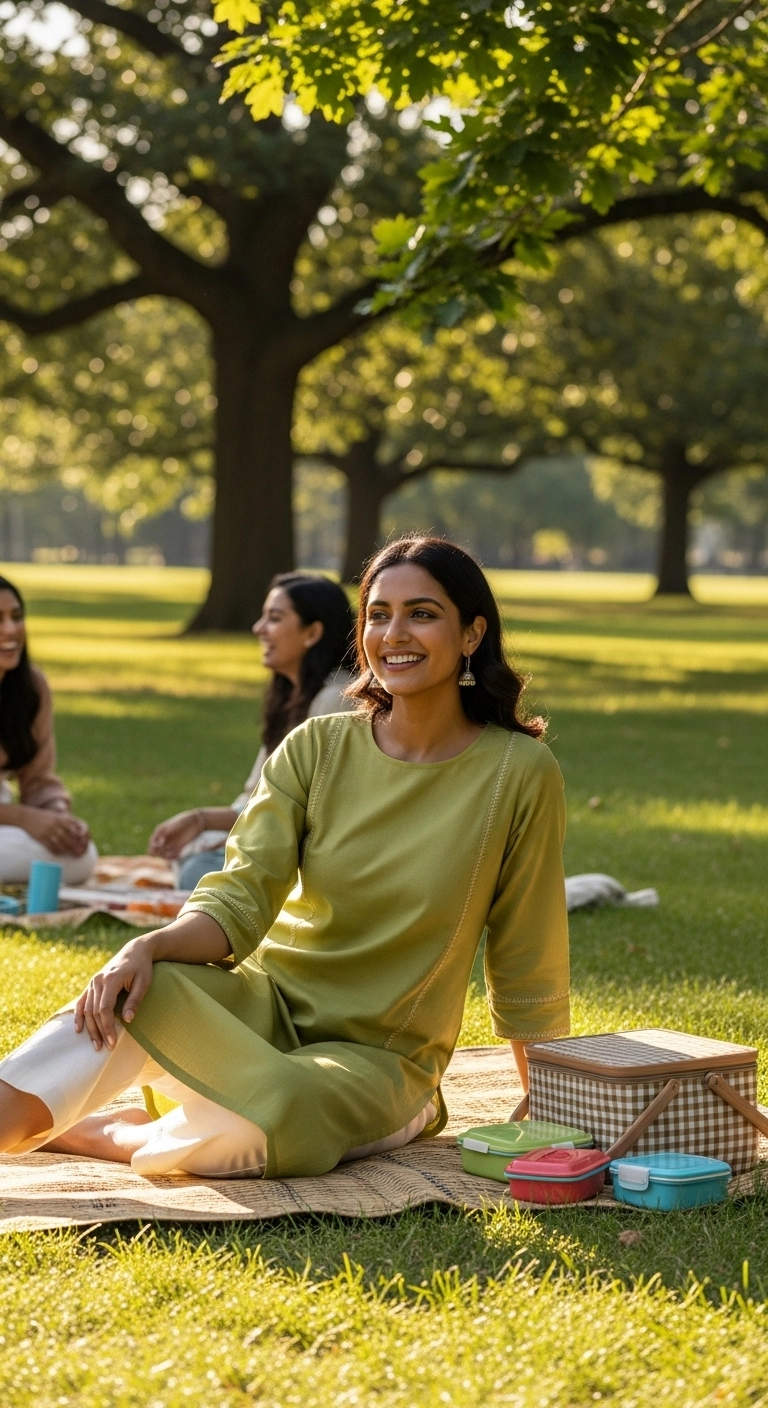 Simple kurti with straight pants worn at a family picnic, representing modest picnic outfit ideas.