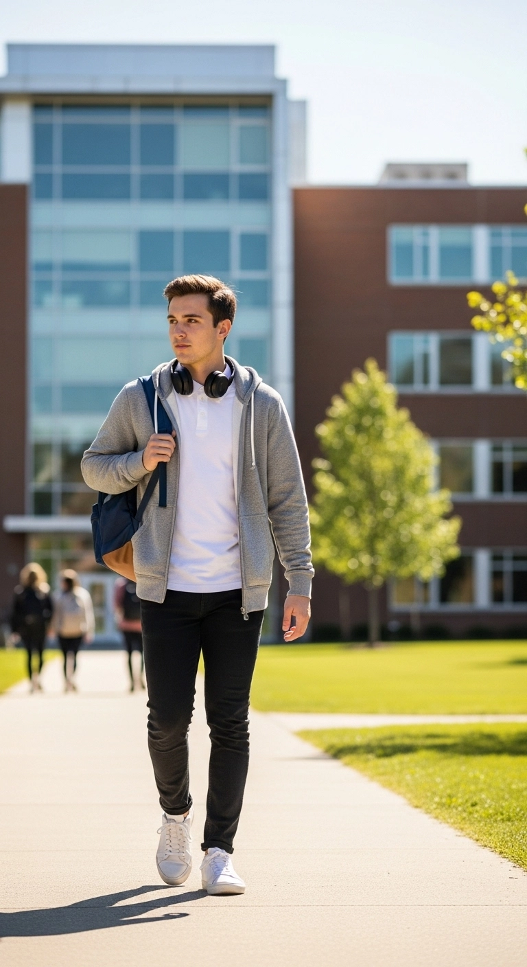 Student wears layered college outfits with jeans, t-shirt, flannel shirt, and sneakers sitting on campus steps.