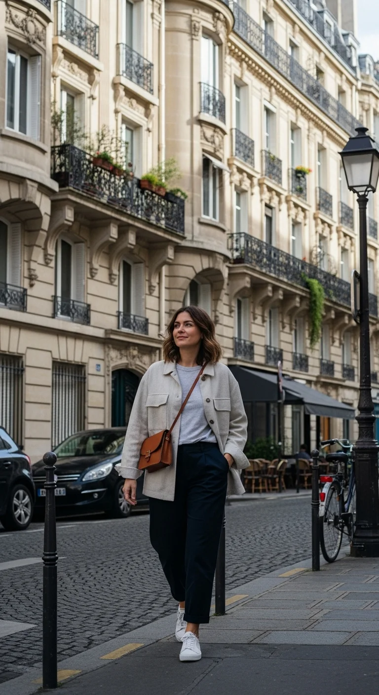 Parisian style outfit with a light jacket layered over simple everyday clothing