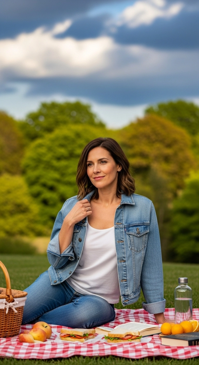 Light layered outfit worn at a park picnic, showing practical picnic outfit ideas for changing weather.