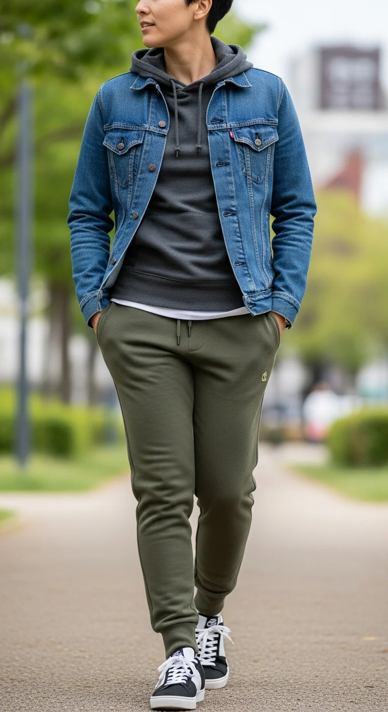 Layered sweatpants outfit ideas with hoodie and denim jacket for a comfortable everyday style