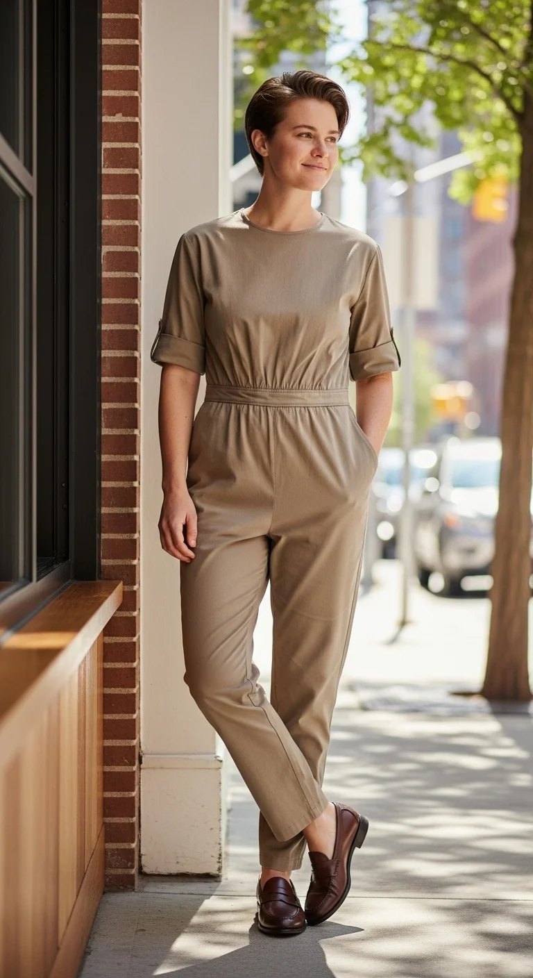 Modern loafers outfit styled with a casual jumpsuit