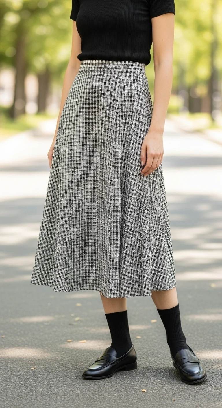 Loafers outfit with a midi skirt and fitted top styled for daytime wear