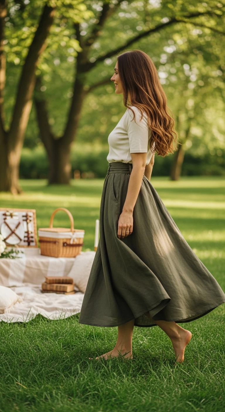 Long skirt with a tucked-in top styled for a park picnic, highlighting elegant picnic outfit ideas.