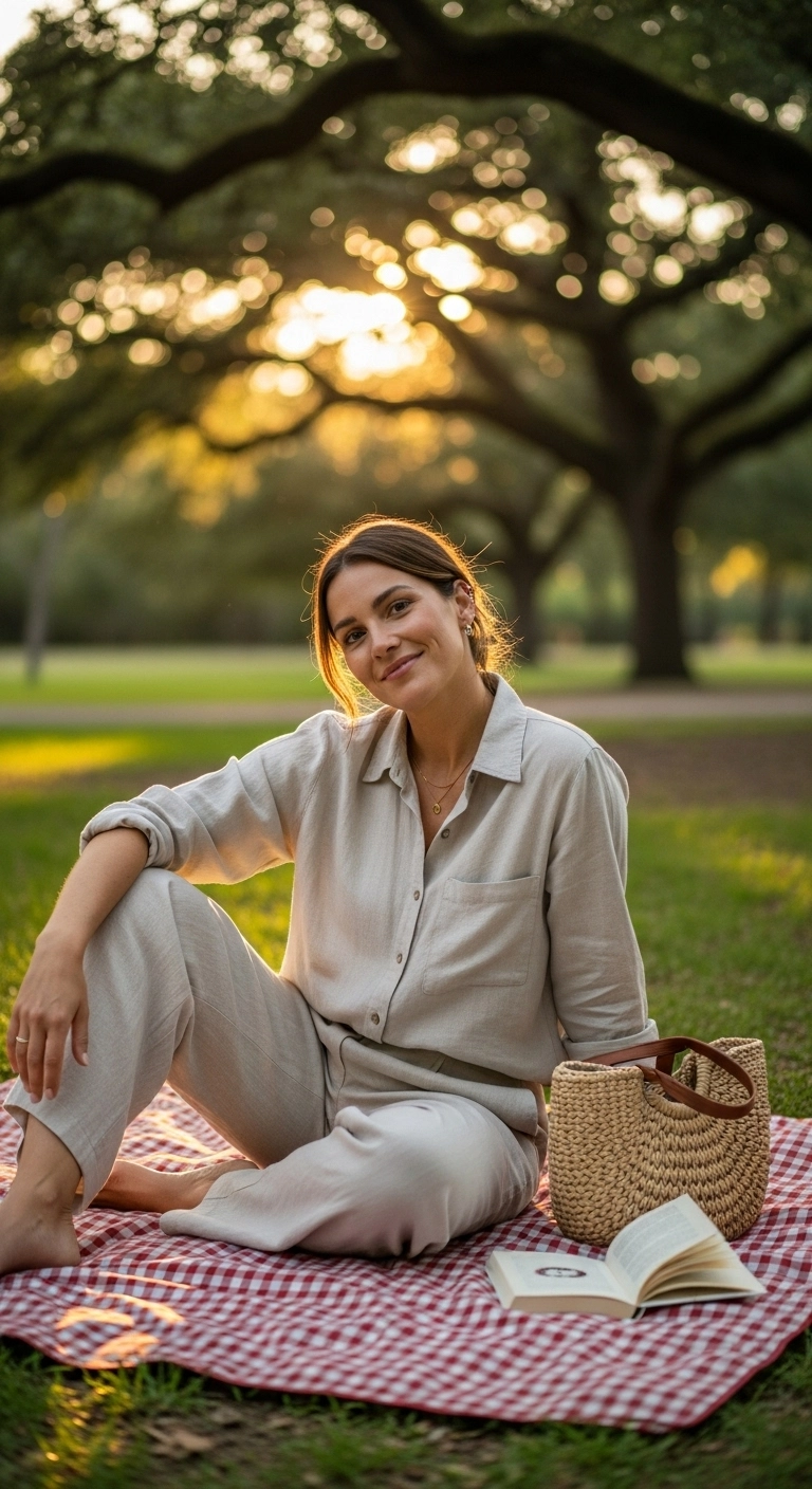 Neutral matching set worn at a park picnic, showing effortless picnic outfit ideas.