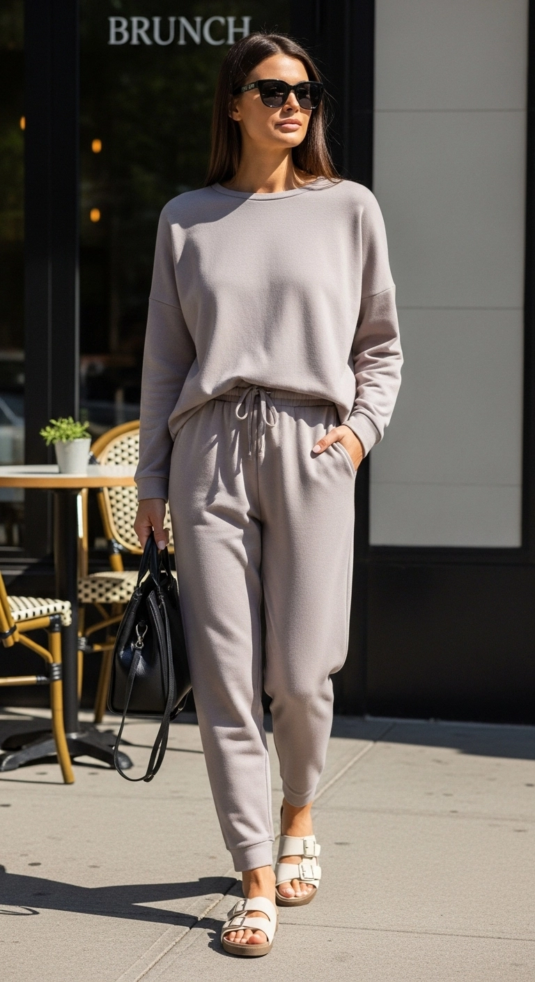 Matching two-piece set styled as comfortable and modern brunch outfits in daylight.