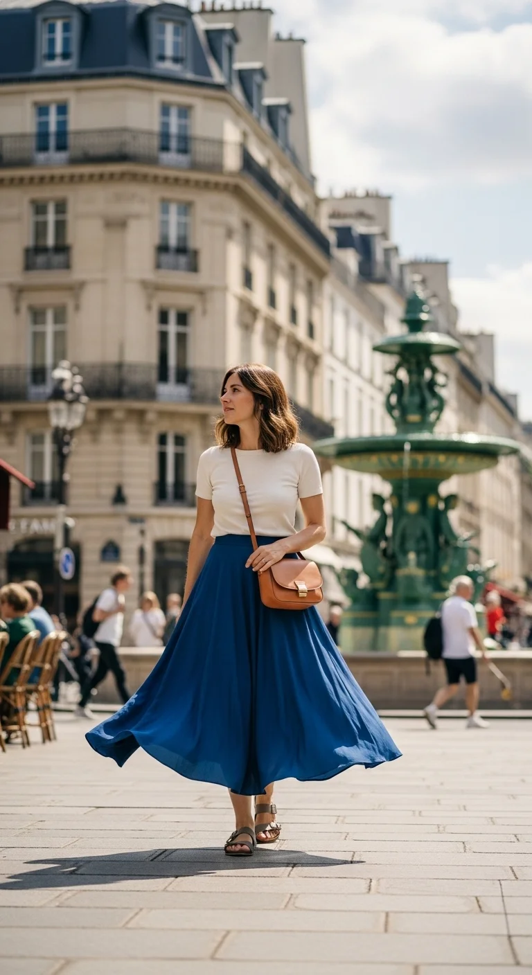 Parisian style outfit with a midi skirt and plain top worn for everyday walking