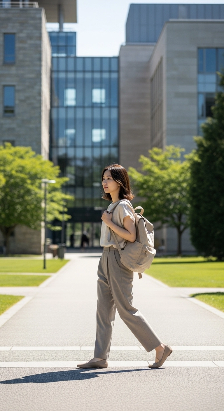 Female student wearing minimalist monochrome college outfits with beige trousers and top walking on campus.