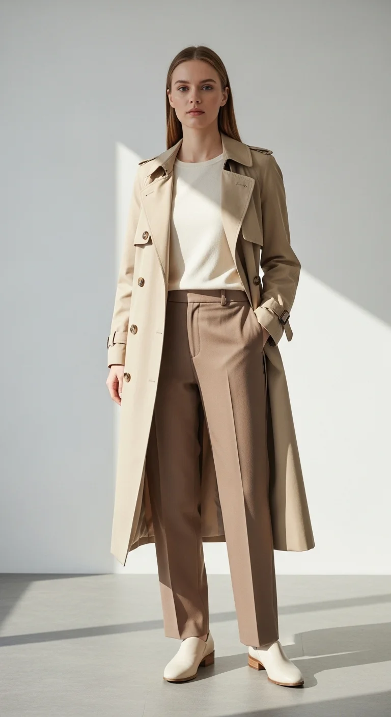 Neutral trench coat outfit ideas with soft everyday color combinations
