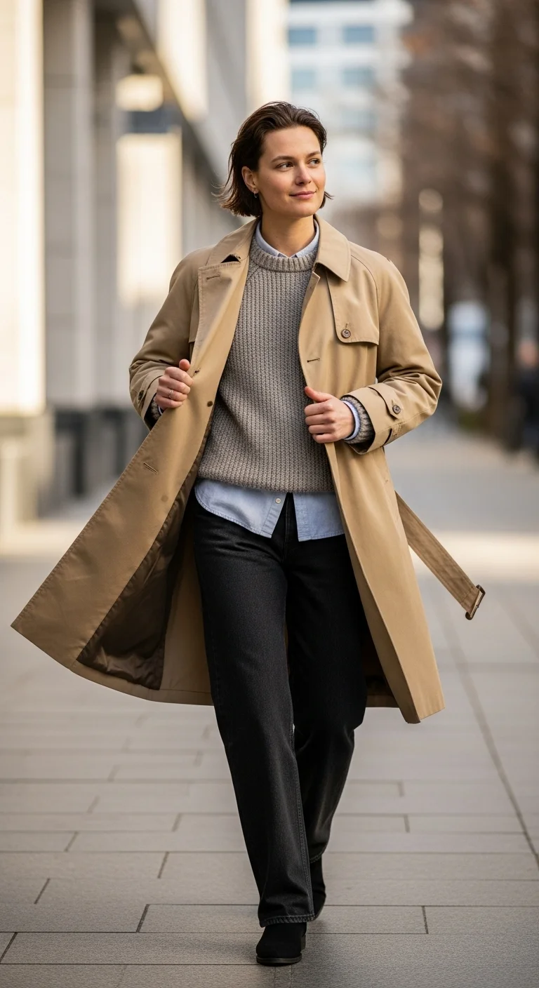 Layered trench coat outfit ideas with an open trench coat style