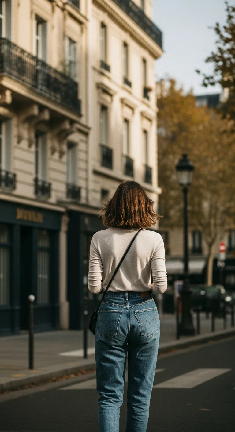 Parisian style outfit with relaxed denim jeans and a clean simple top