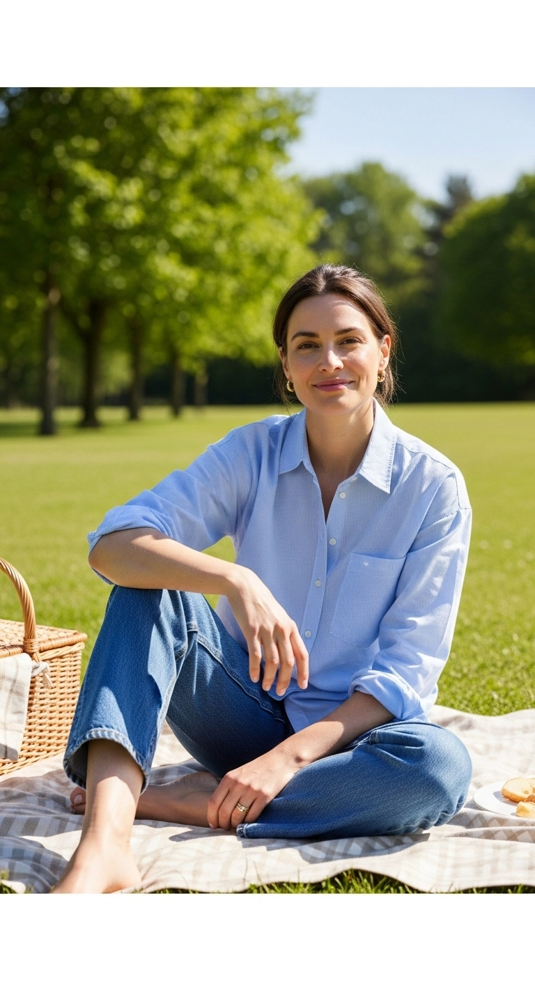 Relaxed denim jeans with a light shirt styled for a park picnic, showing casual and comfortable picnic outfit ideas.
