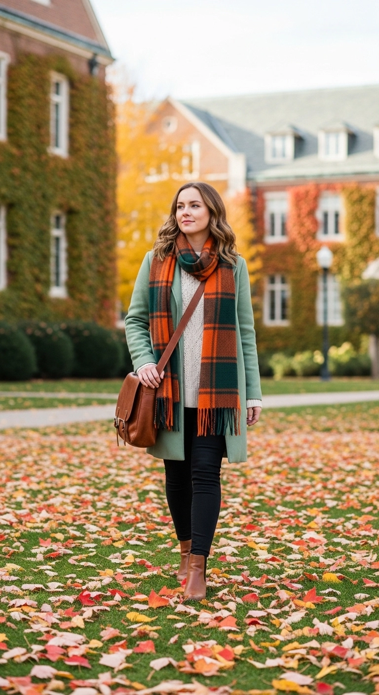 Female student in seasonal college outfits with coat, sweater, leggings, and boots walking on campus.