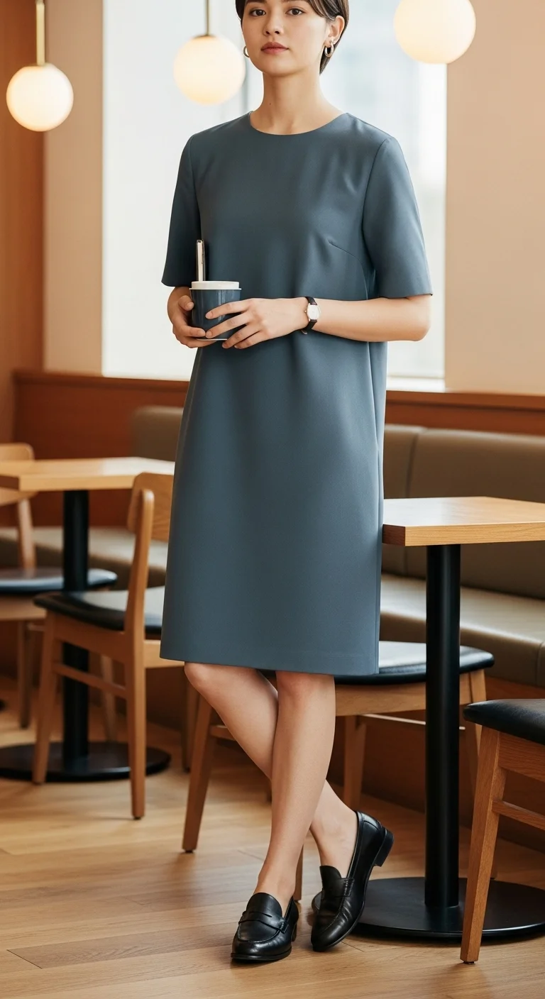 Loafers outfit paired with a clean shift dress for everyday style