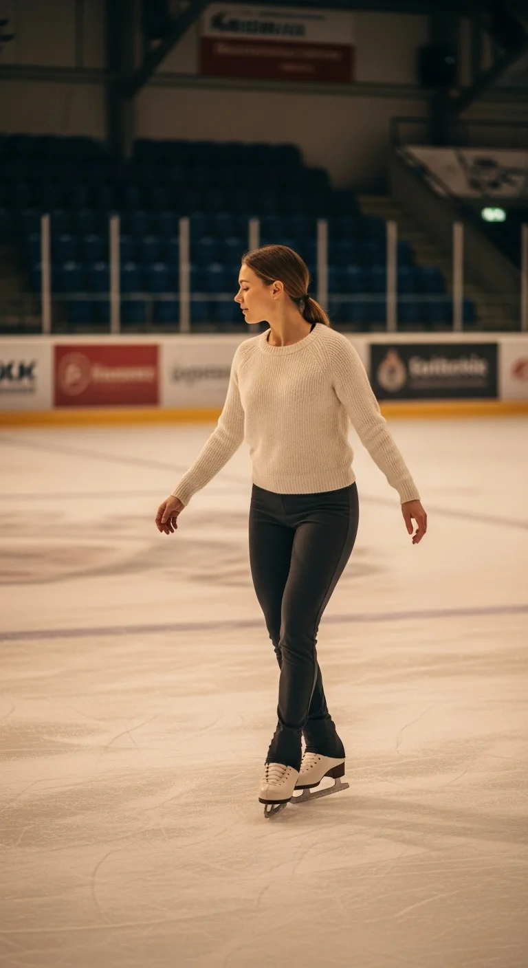 Ice skating outfit ideas showing a soft knit sweater paired with stretch pants at an indoor rink
