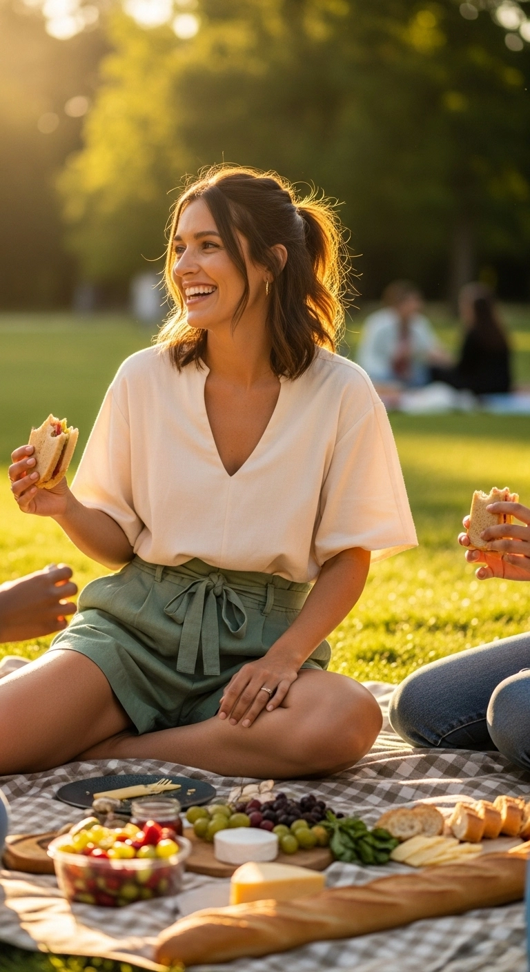 Soft shorts with a loose blouse worn at a summer picnic, highlighting relaxed picnic outfit ideas.