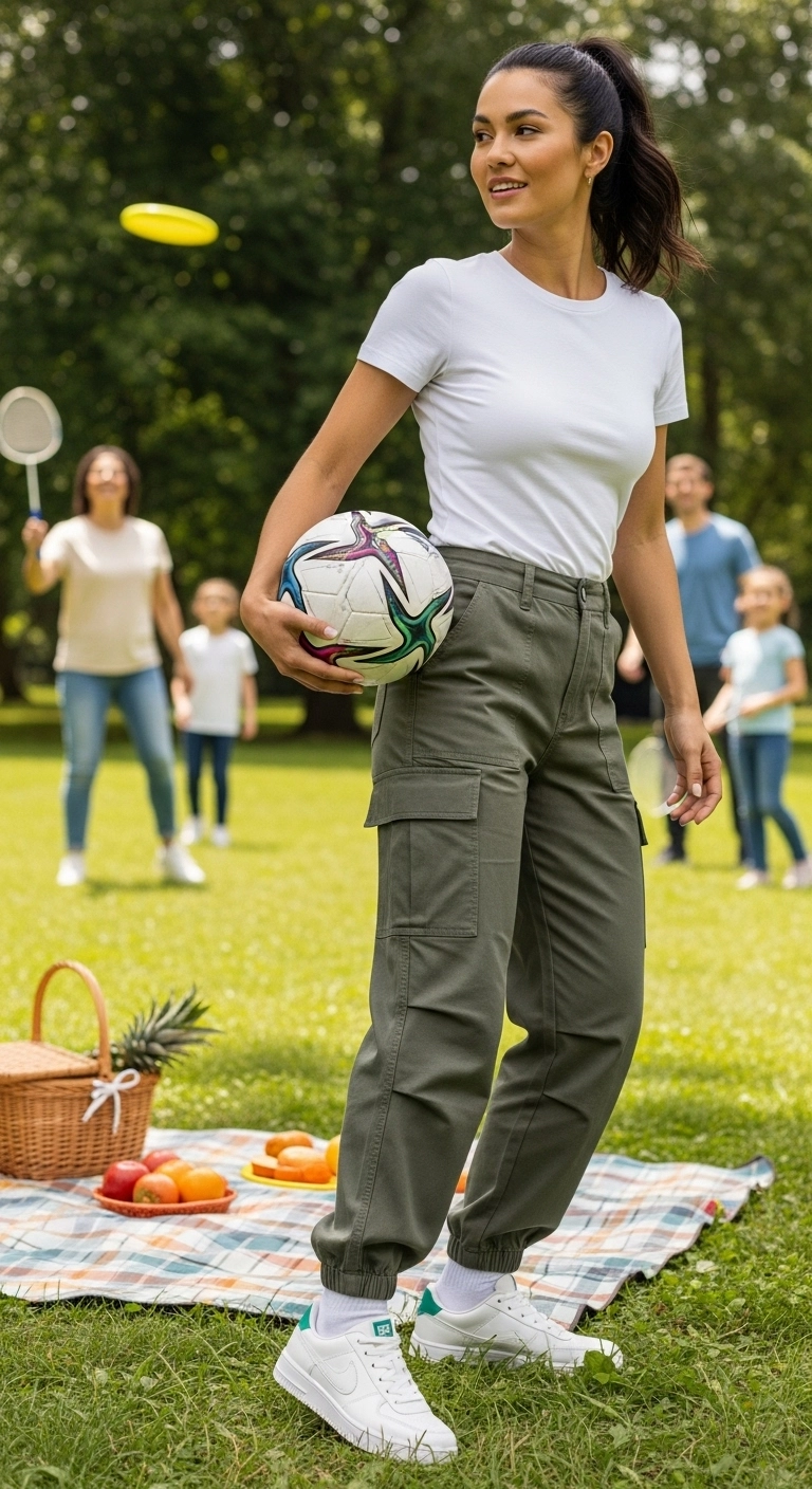 Sporty casual outfit with sneakers worn at a picnic, showcasing active picnic outfit ideas.