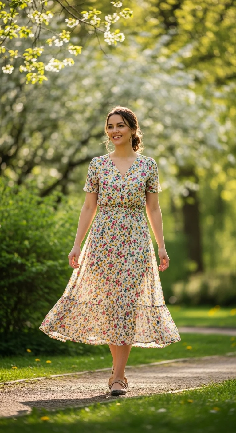Woman wearing a floral midi dress with flat shoes as a spring outfit