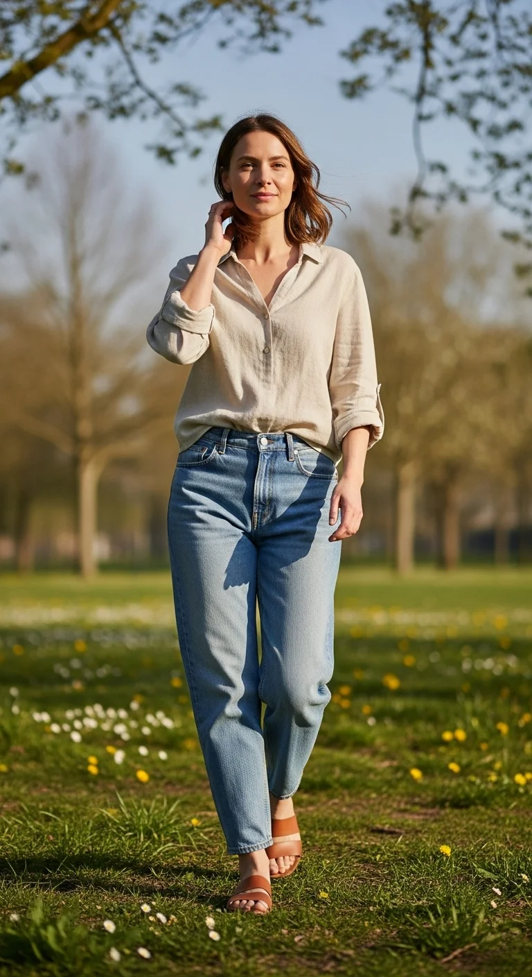 Woman wearing a linen shirt with relaxed jeans as a casual spring outfit