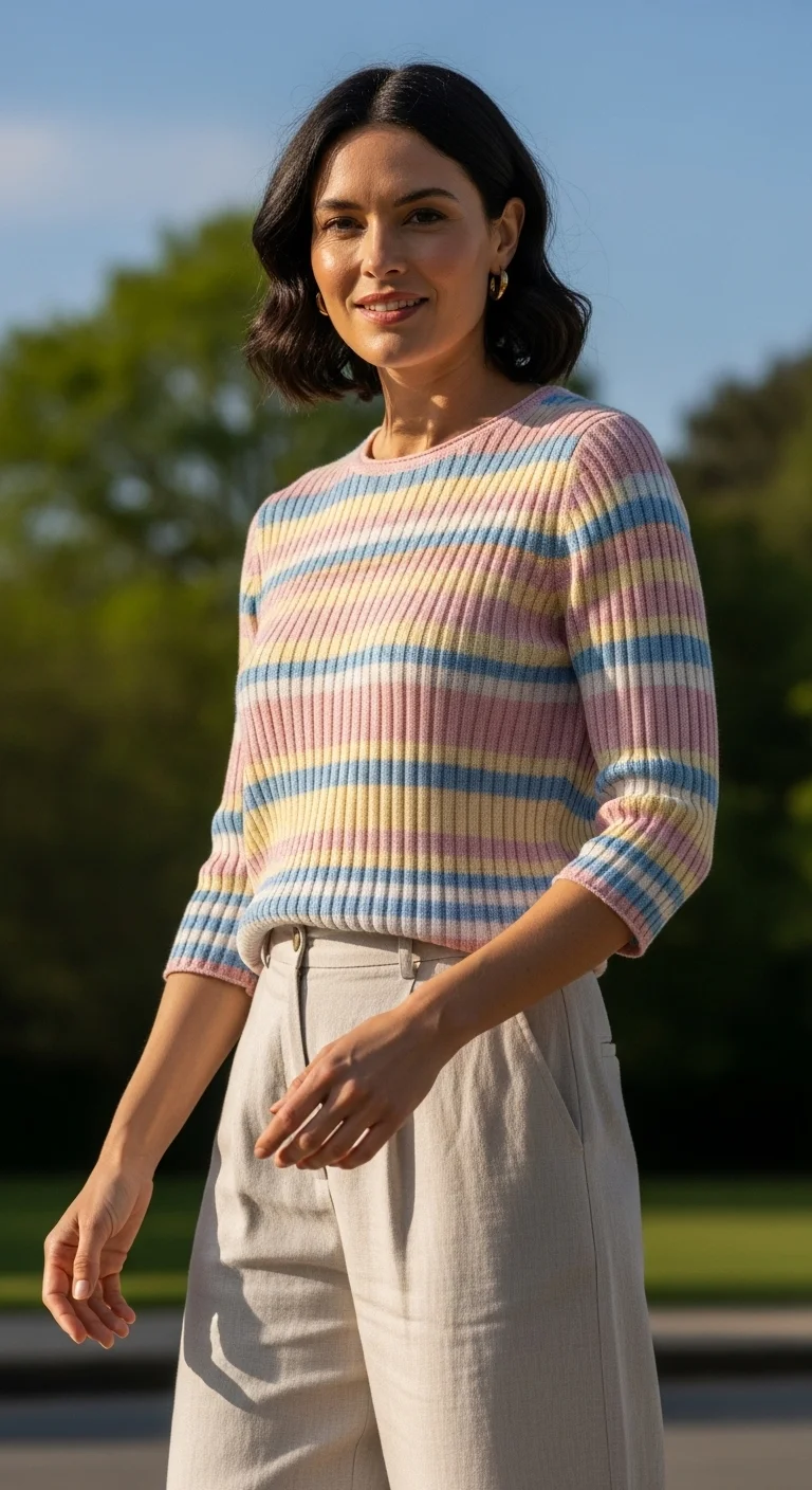 Pastel top styled with neutral bottoms for a fresh spring outfit