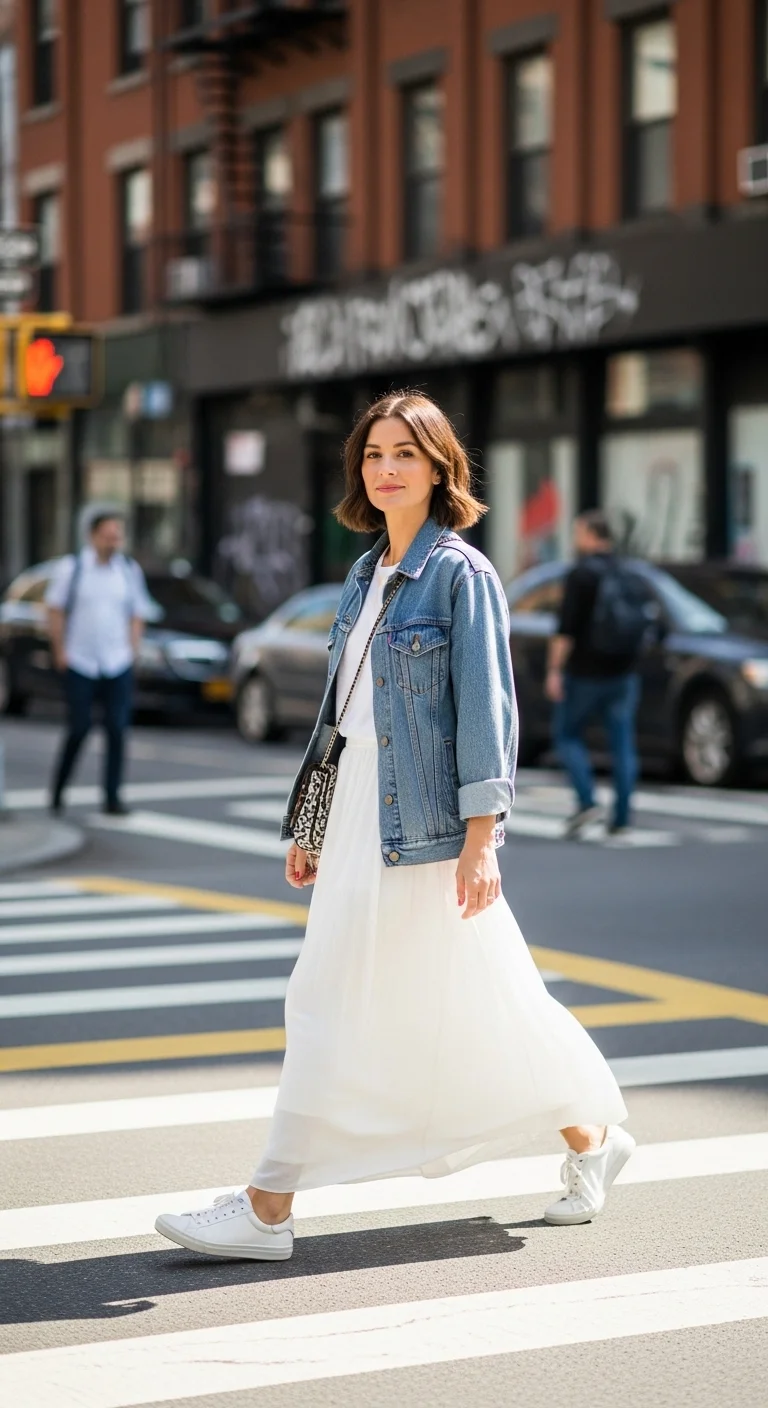 Street style white long skirt outfit paired with a denim jacket and sneakers